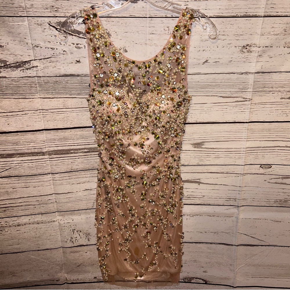 Jovani Embellished Mini Dress in Gold and Cream